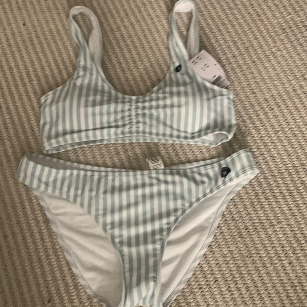 striped white and light blue Hollister bathing suit